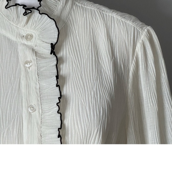 Tory Burch Dress Ivory Belted Long Sleeve Black Piping Detail Shirt Dress Sz 8 - Picture 4 of 14